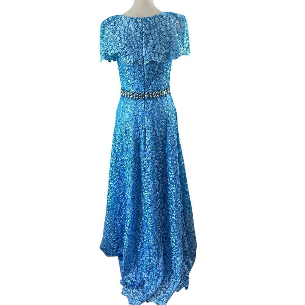 NWT Mac Duggal Blue Lace Ruffled Rhinestone Waist Maxi Gown Formal Prom Size 4 - Picture 5 of 8